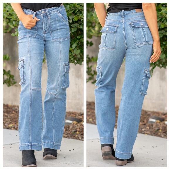 Judy Blue Denim - Judy Blue Macon Cargo Wide Leg Jeans High Rise Blue Denim Women's Plus Size 24W